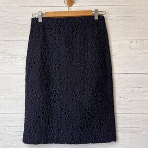 J Crew Skirt Womens SZ 00 Navy Blue No. 2 Pencil Mini Eyelet Lined Cotton Floral